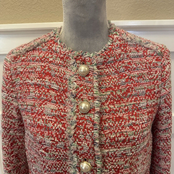 Zara Woman Red Pink Tweed Boucle Jacket Blazer M Pearl Button Frayed Blogger - Picture 11 of 16
